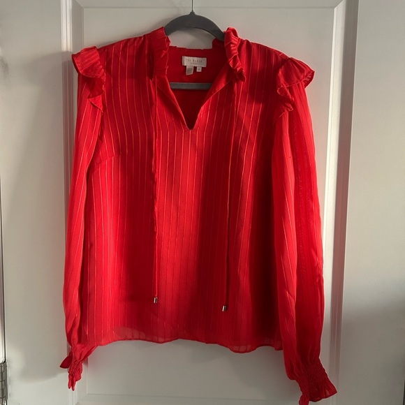 Ted Baker Camilmi Women’s Blouse Long Sleeve Ruffle Coral Red Size 2 ( US - Picture 2 of 8